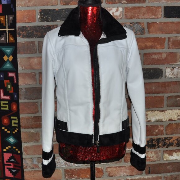 Sypder White Faux Leather Moto Bomber Jacket Black Fleece Trim 8 - Picture 5 of 16